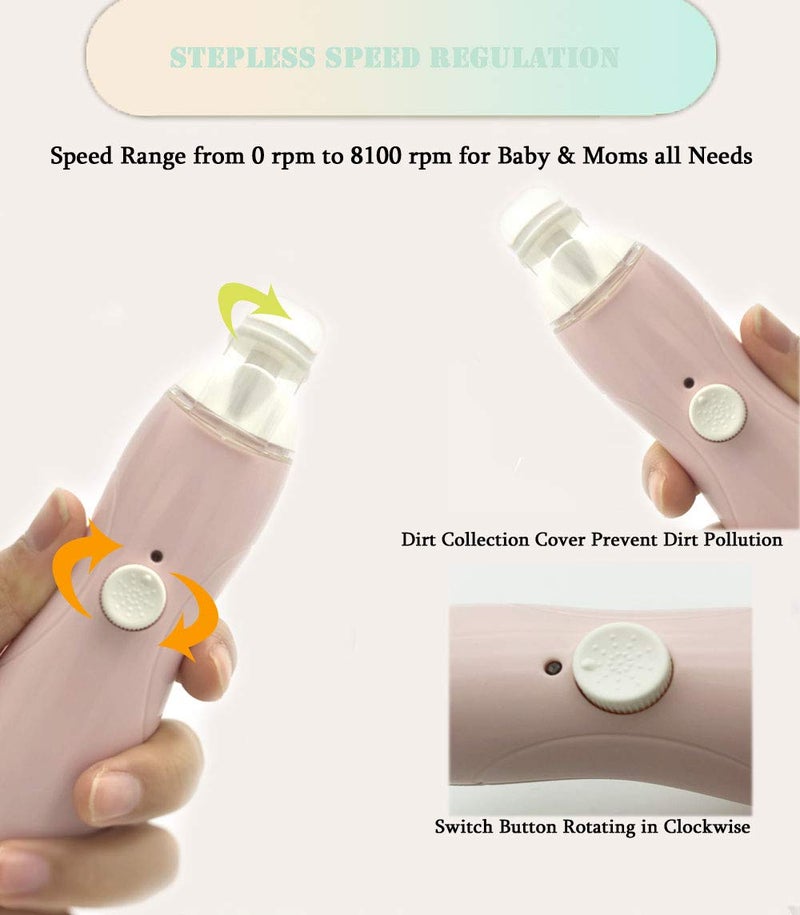 FANSIDI Rechargeable Baby Nail Trimmer with Stepless Speed Control, Safe Electric Baby Nail File for Newborns, Infants & Toddlers, 8100RPM, LED Light, Dust Shield, Adult Nail Care Set,Warm Blush Pink - Image 3
